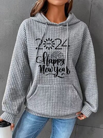 Full Size 2024 HAPPY NEW YEAR Waffle-Knit Hoodie Heather Gray