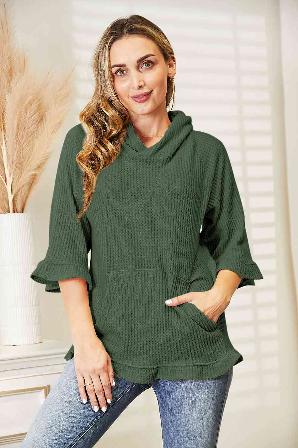 Full Size Waffle-Knit Ruffle Hem Hoodie Green