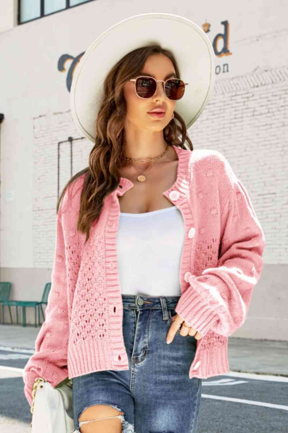 Woven Right Openwork Pompom Puff Sleeve Cardigan Pink