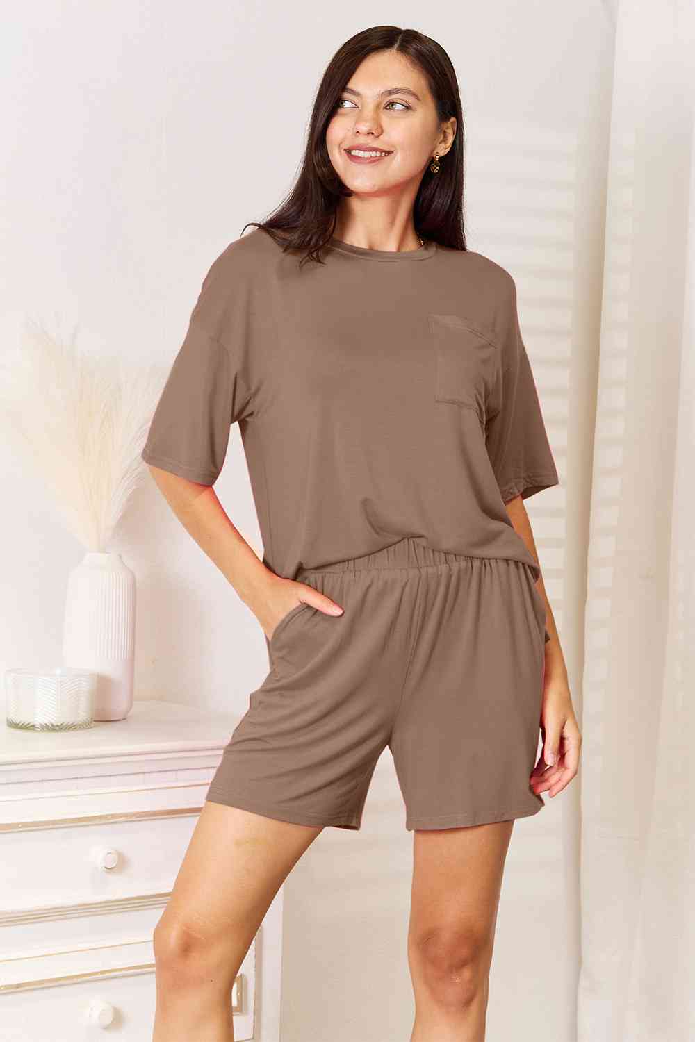 Basic Bae Full Size Soft Rayon Half Sleeve Top and Shorts Set Taupe