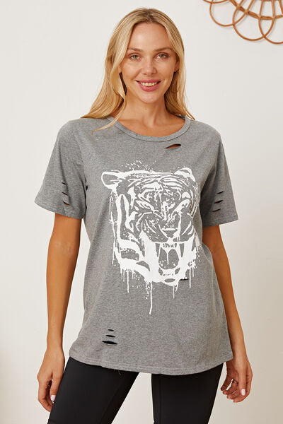 Distressed Tiger Graphic Short Sleeve T-Shirt Charcoal