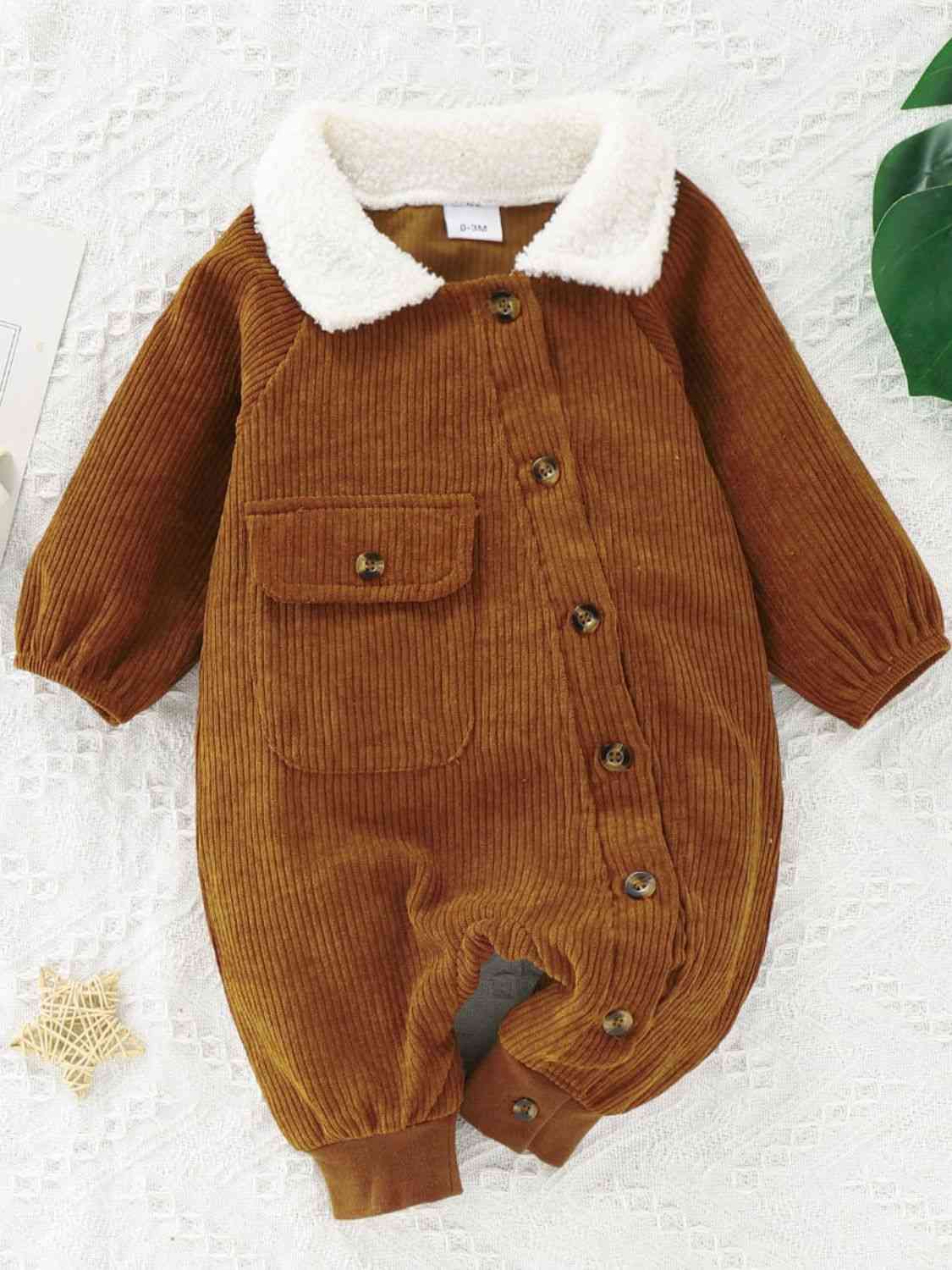 Baby Buttoned Collared Neck Corduroy Jumpsuit Caramel