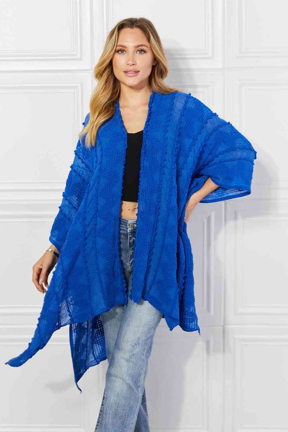 Justin Taylor Pom-Pom Asymmetrical Poncho Cardigan in Blue Royal Blue One Size