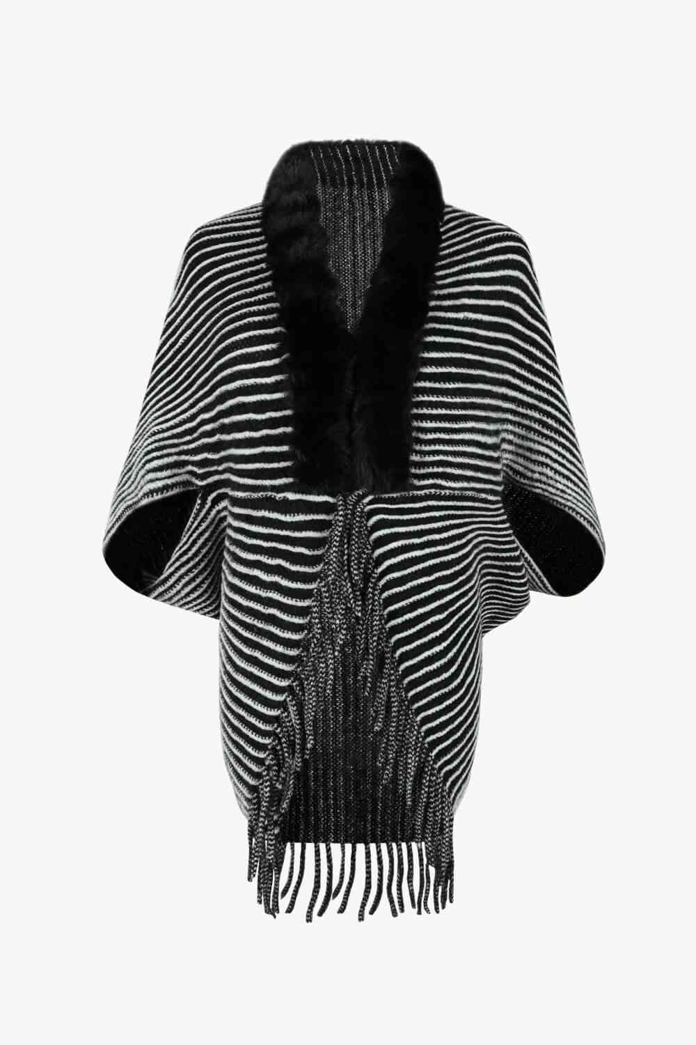 Striped Open Front Fringe Poncho Black One Size
