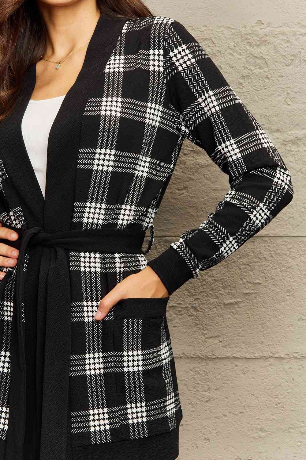 Ninexis Full Size Plaid Tie Waist Pocketed Cardigan