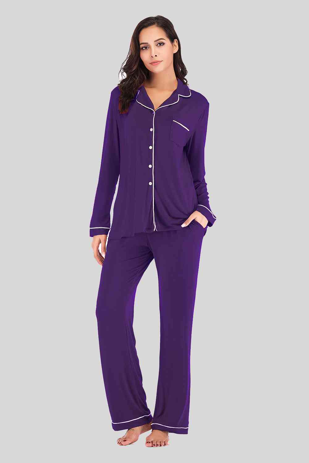 Collared Neck Long Sleeve Loungewear Set with Pockets Violet