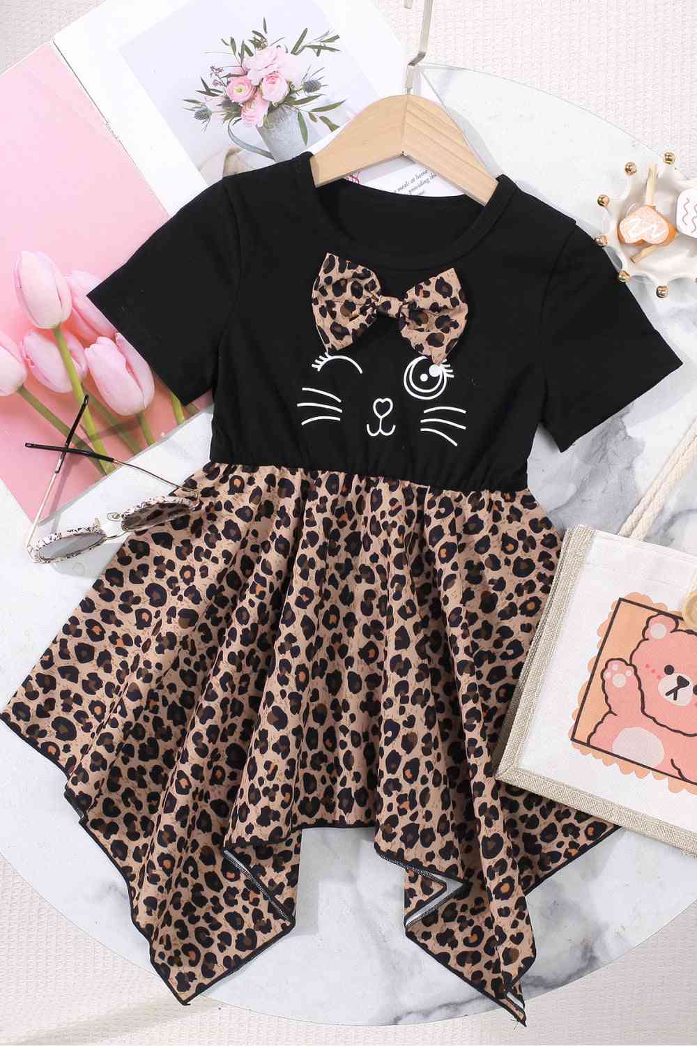 Girls Leopard Graphic Handkerchief Hem Spliced Dress Black