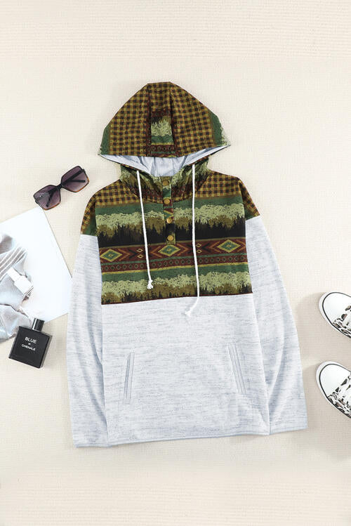 Geometric Drawstring Long Sleeve Hoodie with Pocket