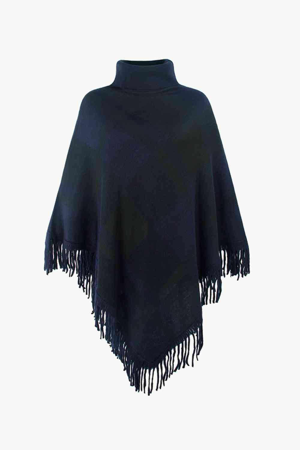 Plaid Turtleneck Fringe Hem Poncho Navy One Size