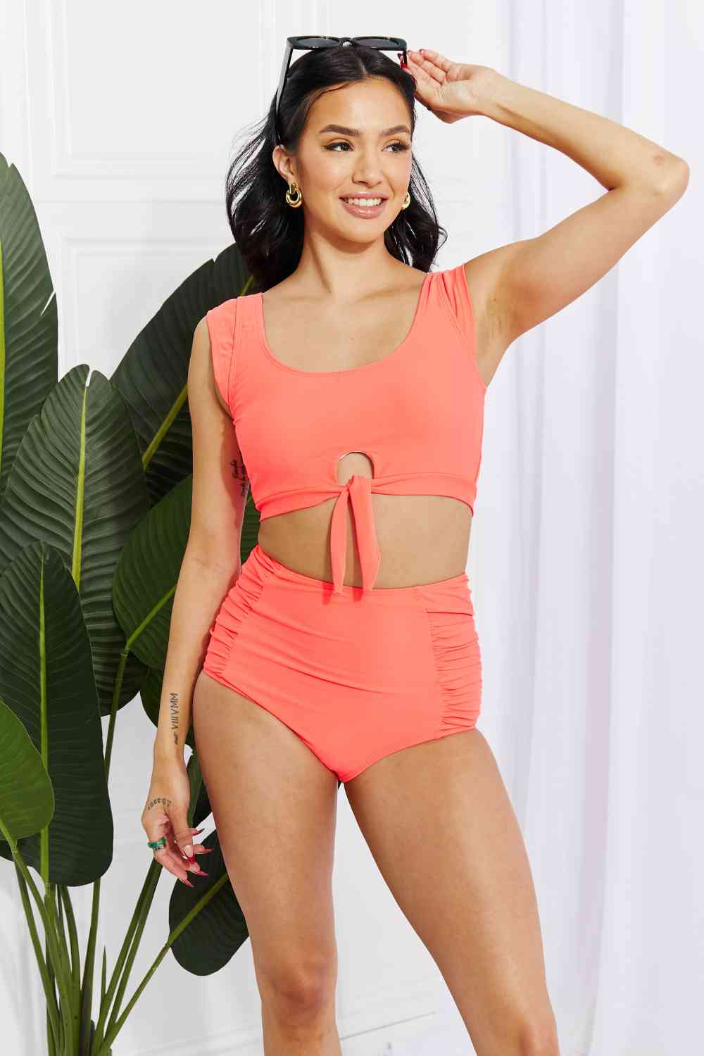 Marina West Swim Sanibel Crop Swim Top and Ruched Bottoms Set in Coral Coral