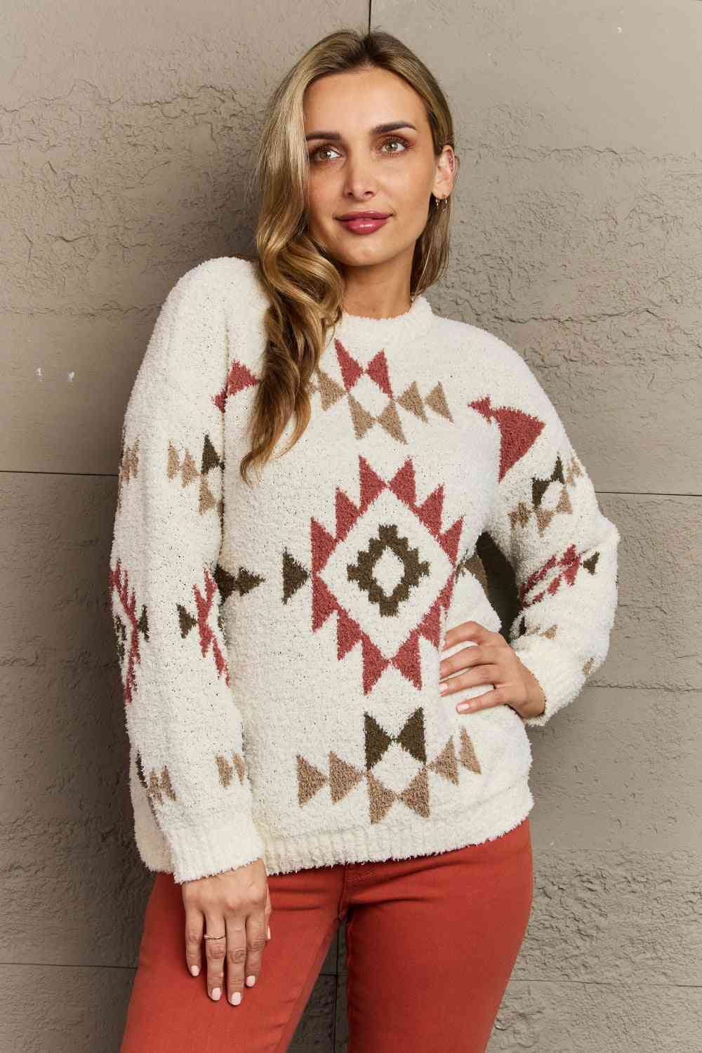 HEYSON Cozy Sunday Aztec Fuzzy Sweater Cream