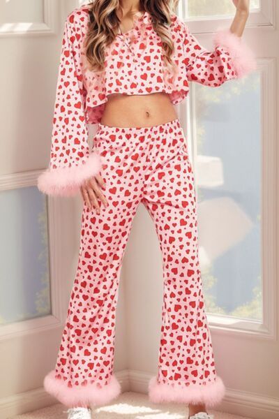 Fuzzy Trim Heart Print Cropped Top and Flare Pants Set Peach