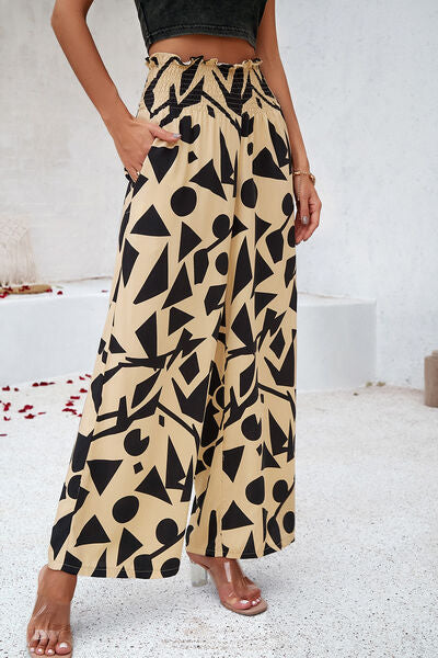 Smocked Printed Wide Leg Pants with Pockets