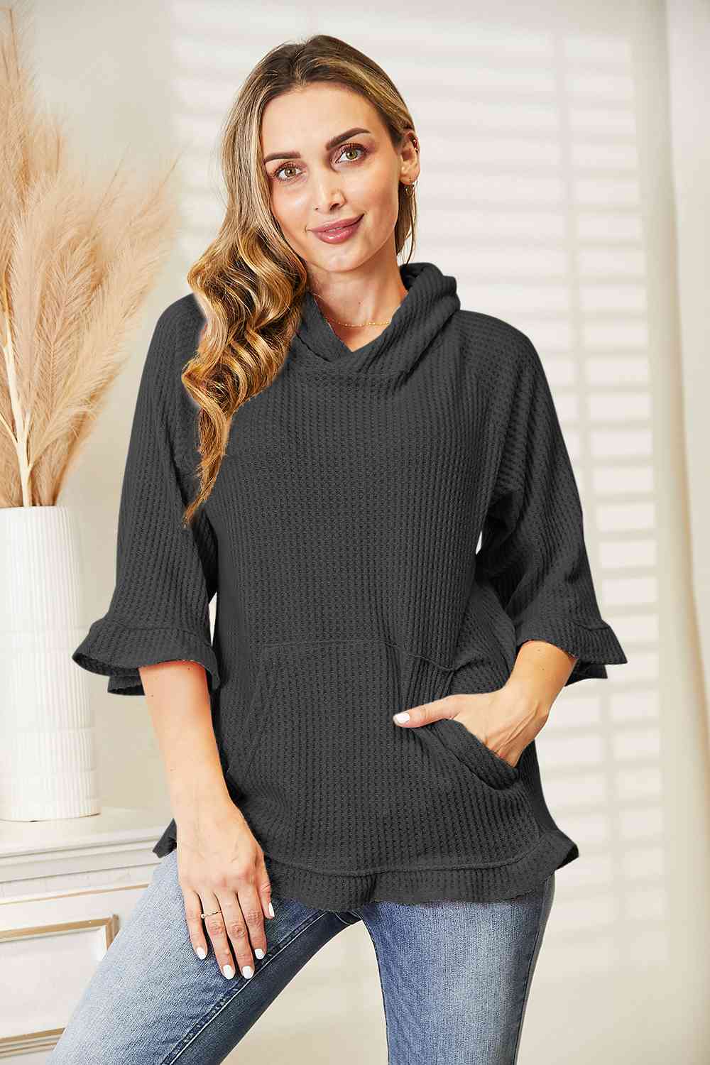 Full Size Waffle-Knit Ruffle Hem Hoodie Black