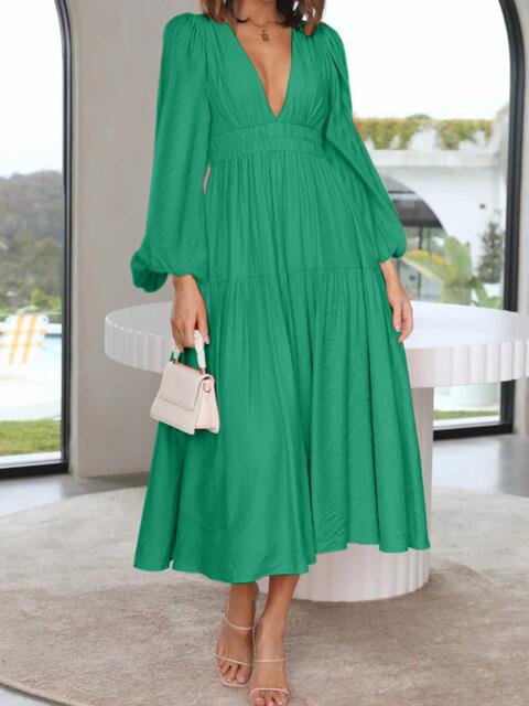 Deep V-Neck Balloon Sleeve Plain Maxi Dress Green