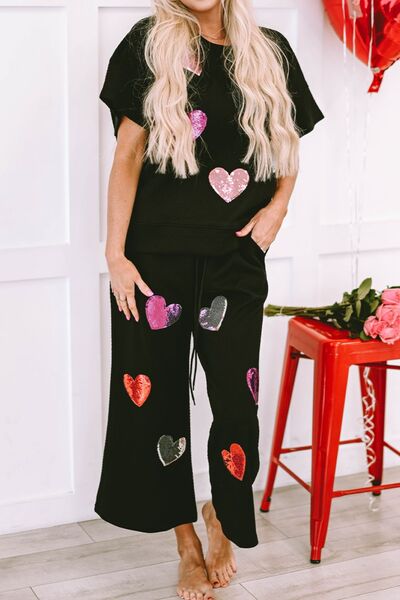 Heart Sequin Short Sleeve Top and Drawstring Pants Lounge Set Black