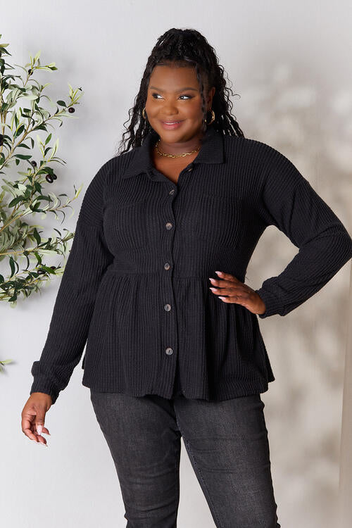 Heimish Full Size Waffle-Knit Button Down Blouse Black