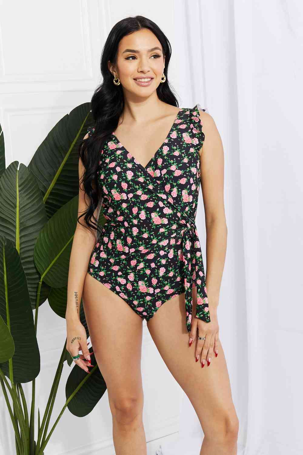 Marina West Swim Full Size Float On Ruffle Faux Wrap One-Piece in Floral Black