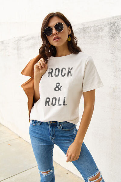 Simply Love Full Size ROCK & ROLL Short Sleeve T-Shirt White