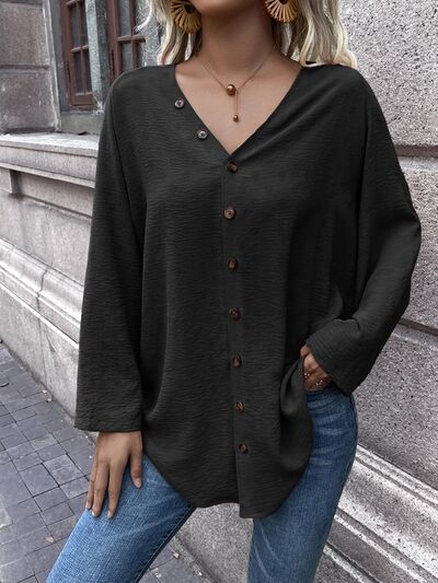 Button Up V-Neck Long Sleeve Shirt Black