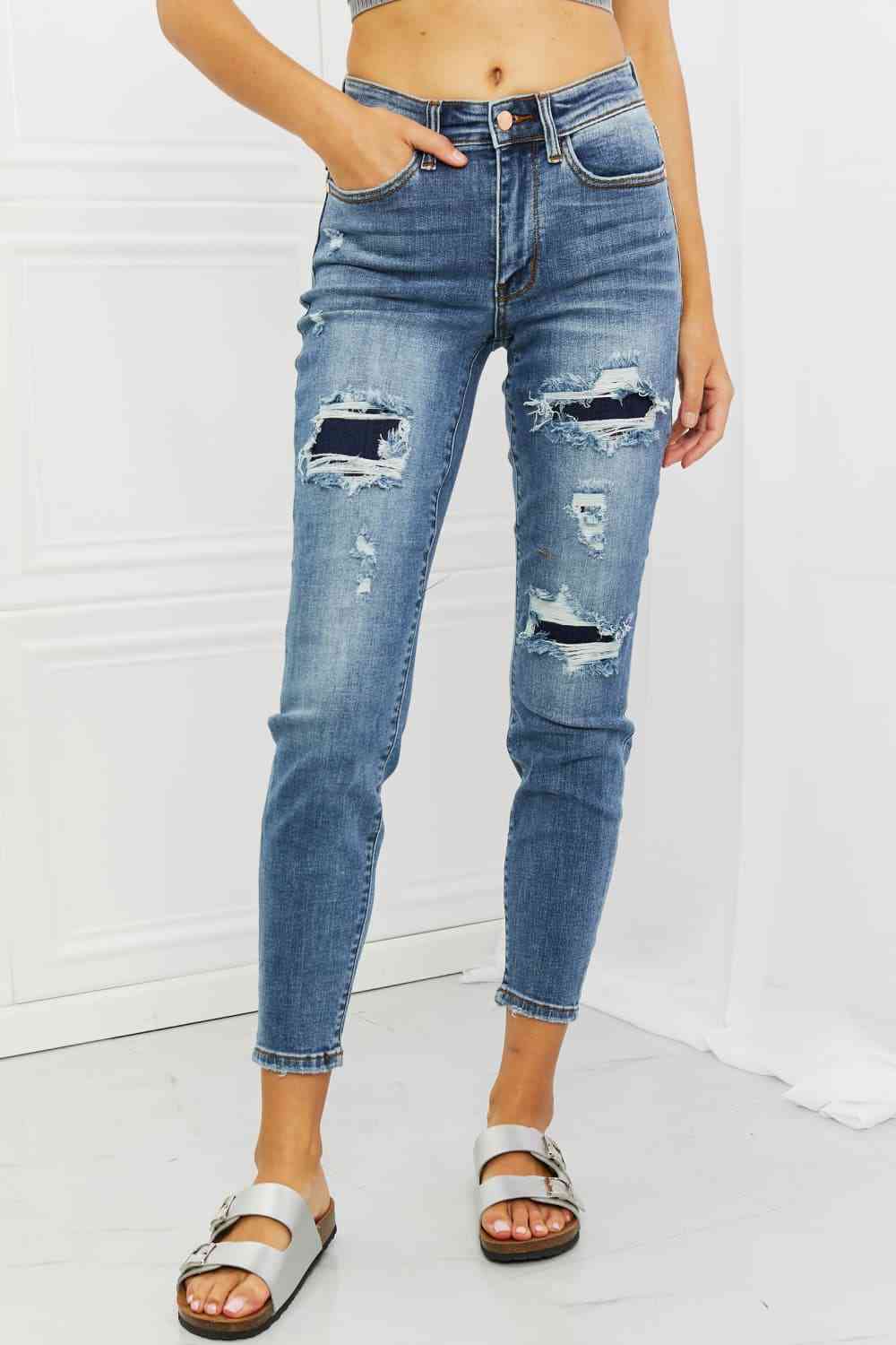 Judy Blue Dahlia Full Size Distressed Patch Jeans Medium