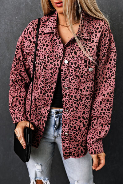 Leopard Raw Hem Button Up Denim Jacket Moonlit Mauve