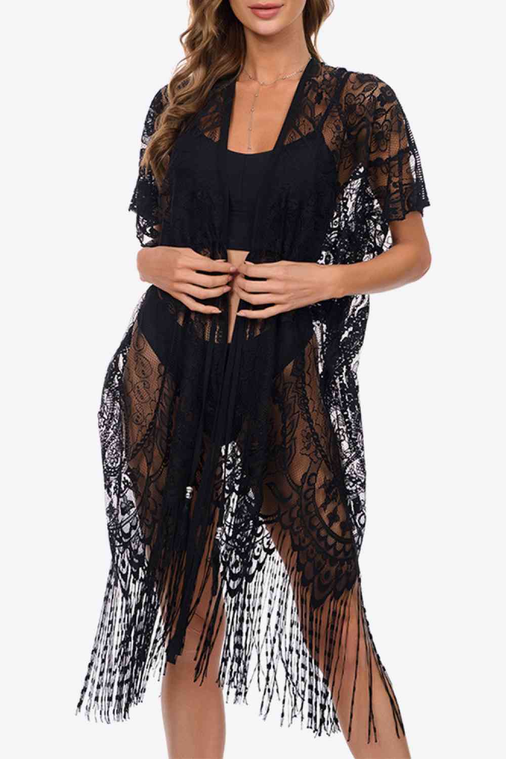 Fringe Trim Lace Cover-Up Dress Black One Size