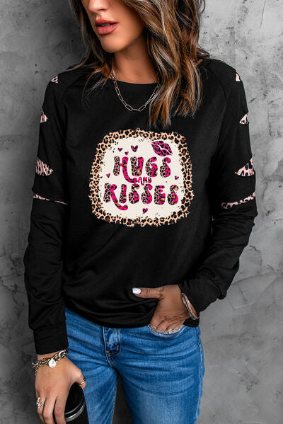 HUGS AND KISSES Leopard Round Neck Sweatshirt Black