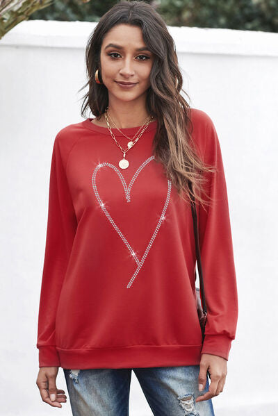Heart Round Neck Long Sleeve Sweatshirt Scarlet
