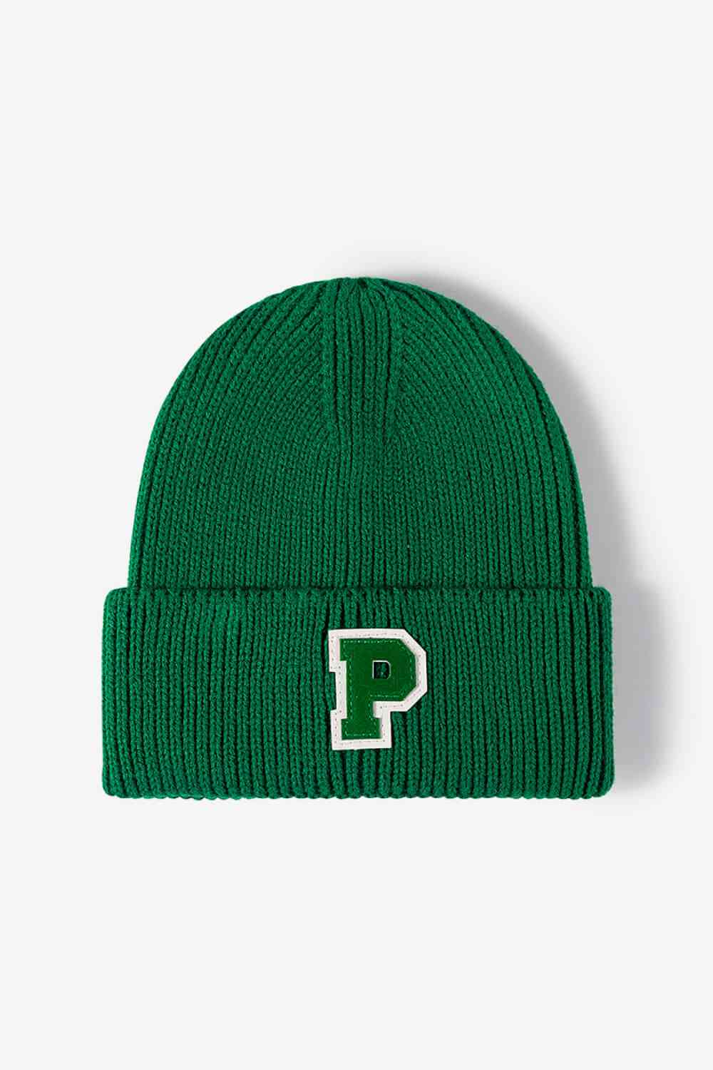 Letter Patch Cuffed Knit Beanie Green One Size