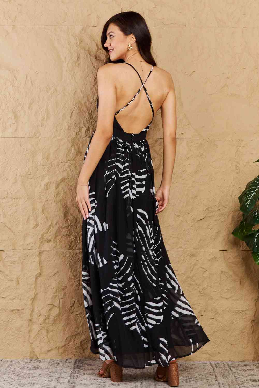 OneTheLand Black Leaf Printed Maxi Dress