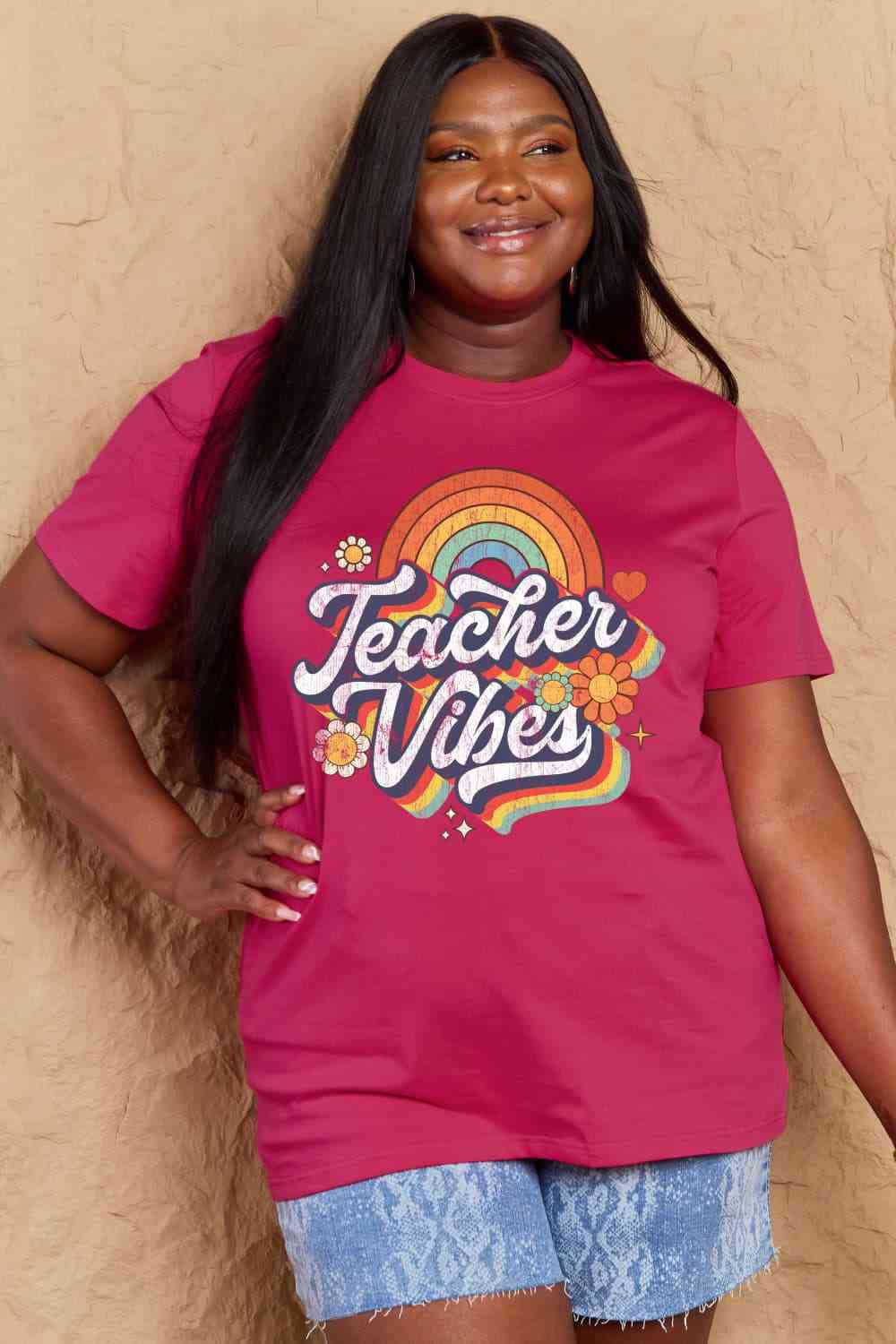 Simply Love Full Size TEACHER VIBES Graphic Cotton T-Shirt Deep Rose