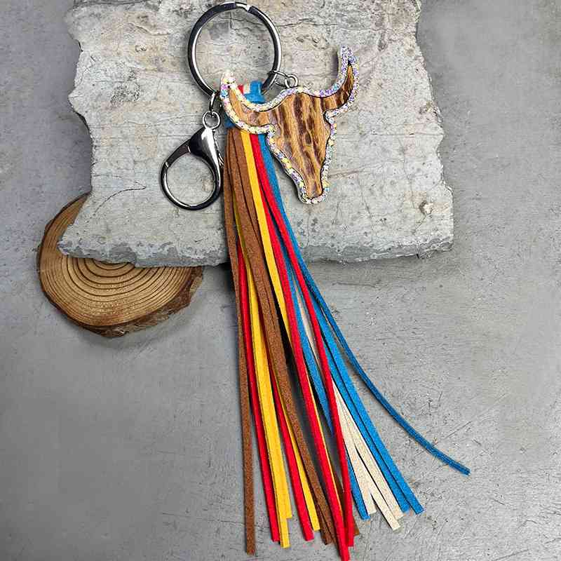 Rhinestone Bull Keychain with Tassel Camel One Size