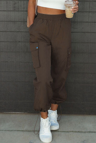 Drawstring Elastic Waist Pants with Pockets Coffee Brown