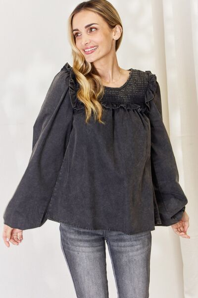 HEYSON Full Size Mineral Wash Smocked Round Neck Blouse Black