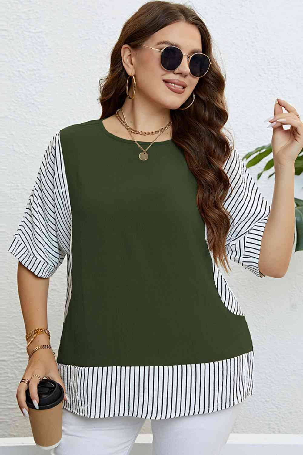 Plus Size Striped Round Neck Half Sleeve Top Black Forest