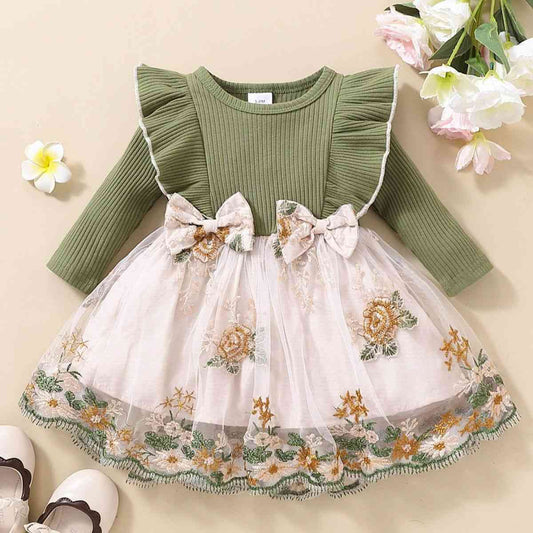 Girls Floral Bow Detail Ruffle Shoulder Tulle Dress Multi