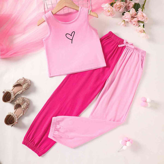 Girls Graphic Tank and Contrast Joggers Set Carnation Pink