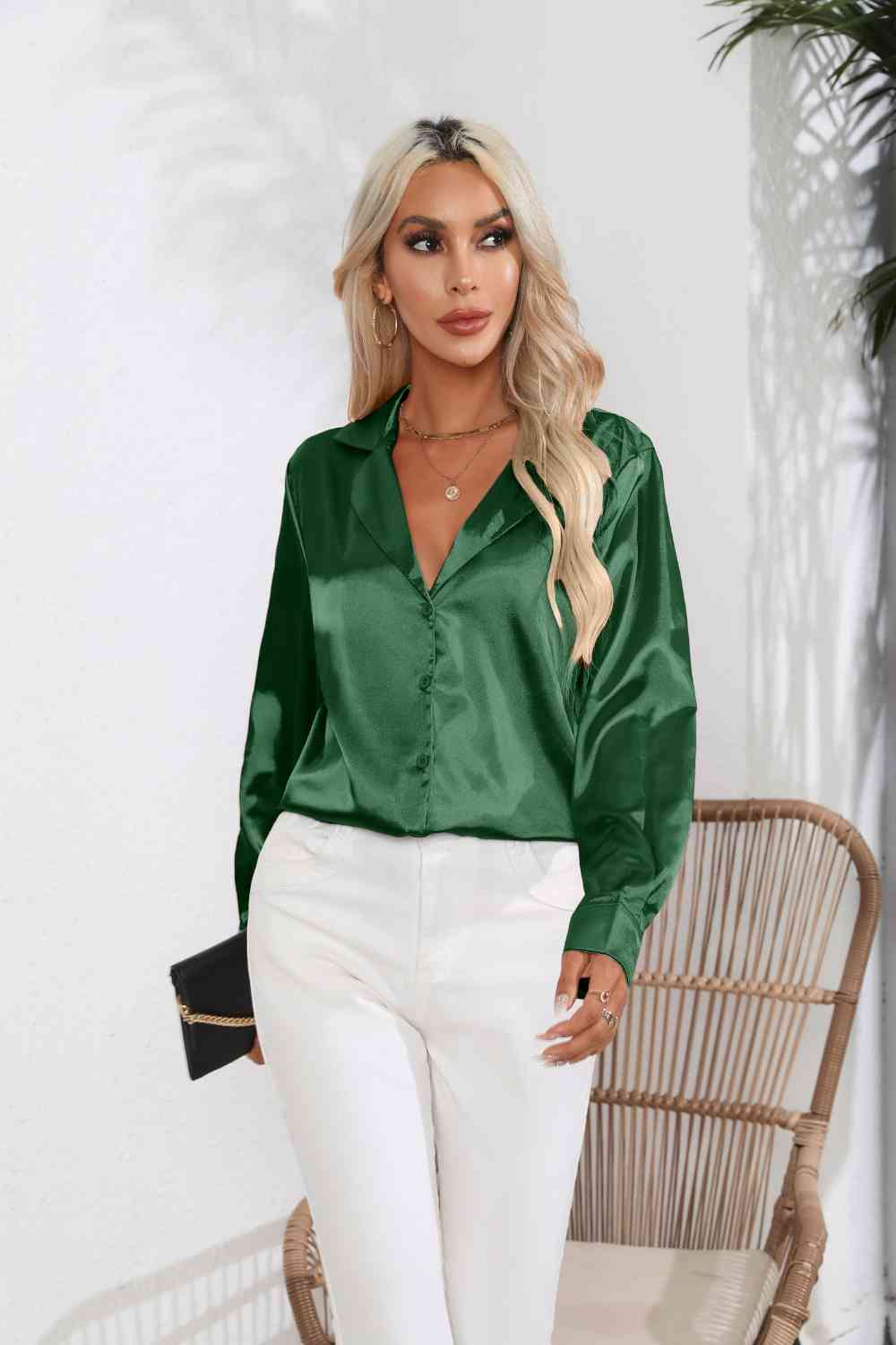 Lapel Collar Button Up Long Sleeve Shirt Green