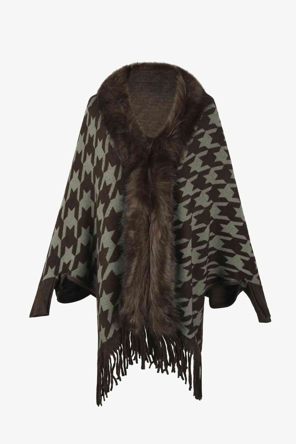 Houndstooth Fringe Hem Poncho Chocolate One Size