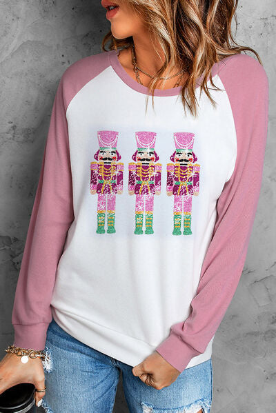 Nutcracker Sequin Round Neck Long Sleeve T-Shirt Blush Pink