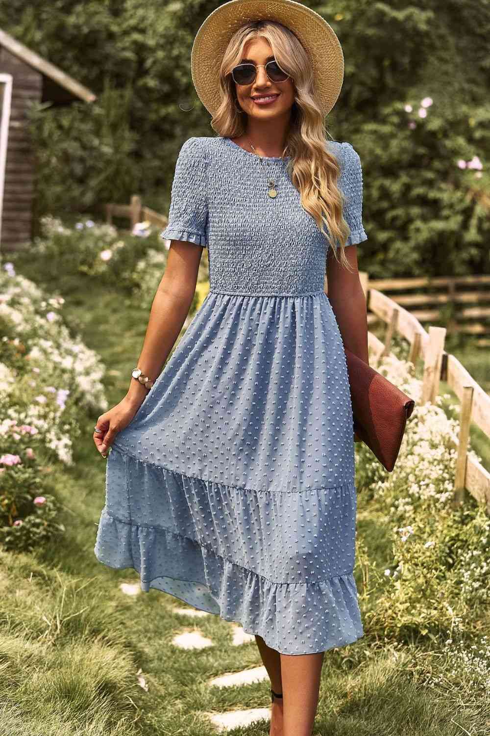 Swiss Dot Smocked Round Neck Short Sleeve Midi Dress Misty Blue