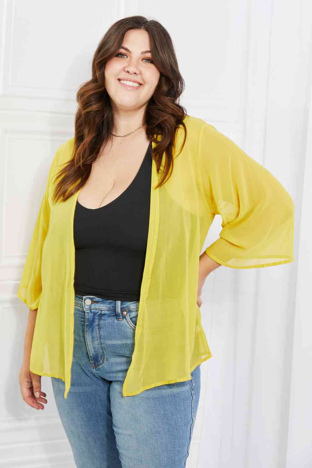 Melody Just Breathe Full Size Chiffon Kimono in Yellow