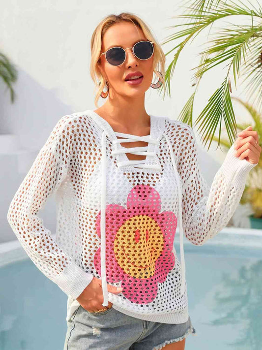 Flower Graphic Lace-Up Openwork Hooded Cover Up White