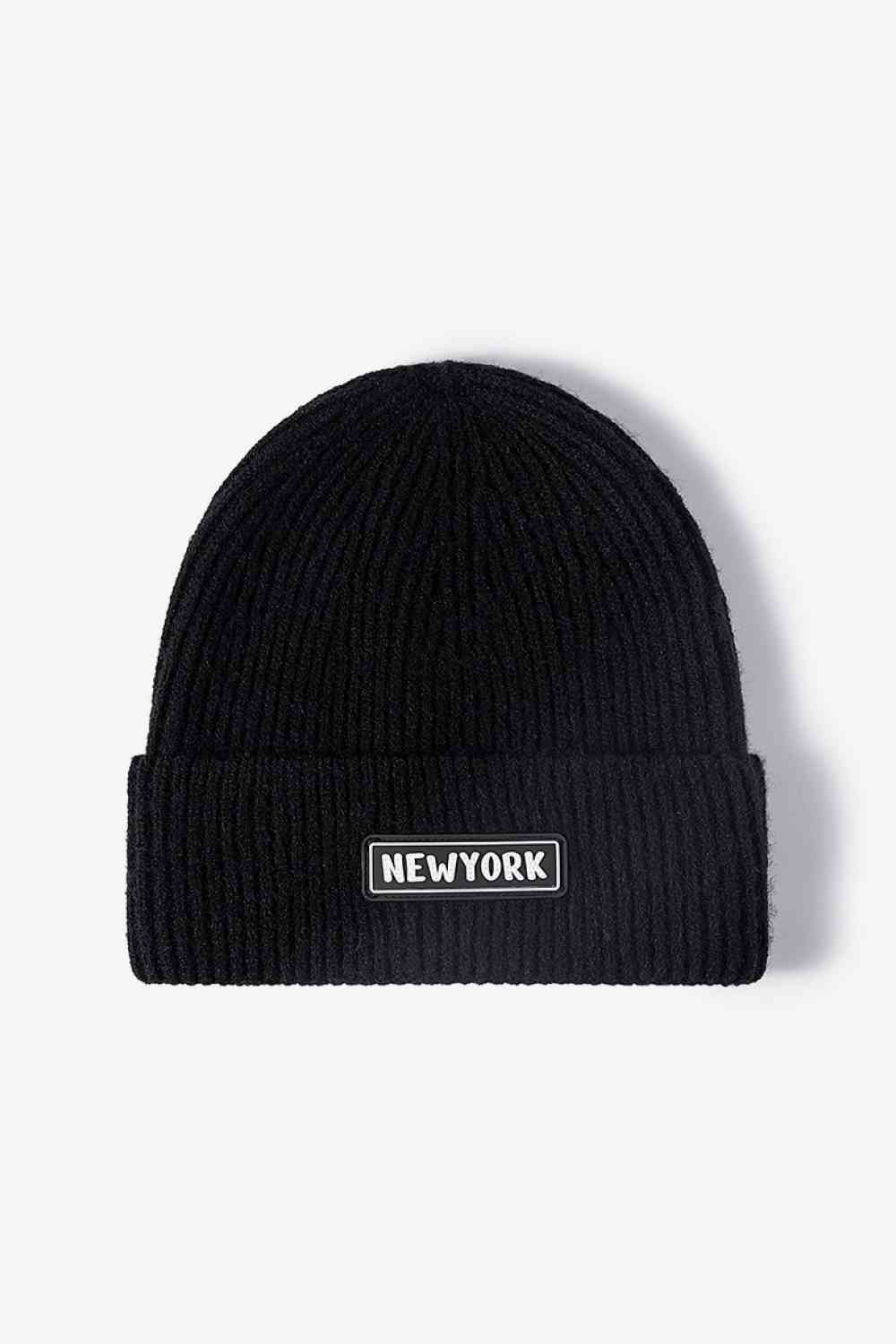 NEWYORK Patch Rib-Knit Cuffed Beanie Black One Size