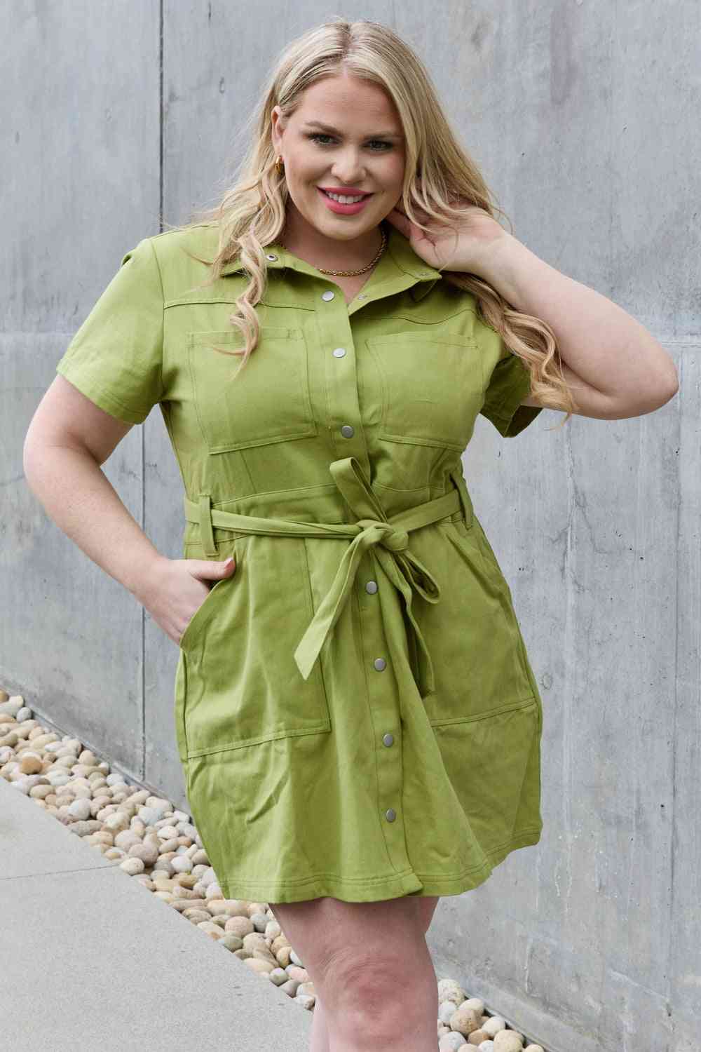 Jady By Jane Stick With Me Full Size Button Down Dress Lime