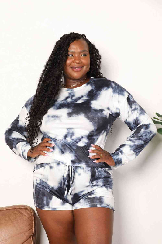 Double Take Tie-Dye Round Neck Top and Shorts Lounge Set Charcoal