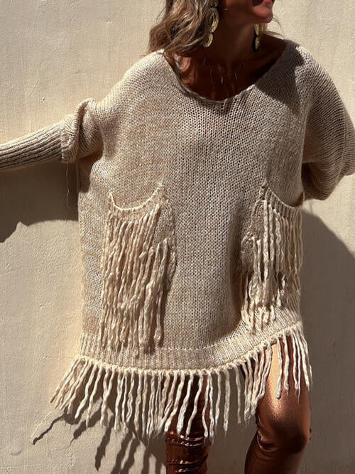 Fringe Detail Long Sleeve Sweater with Pockets Camel