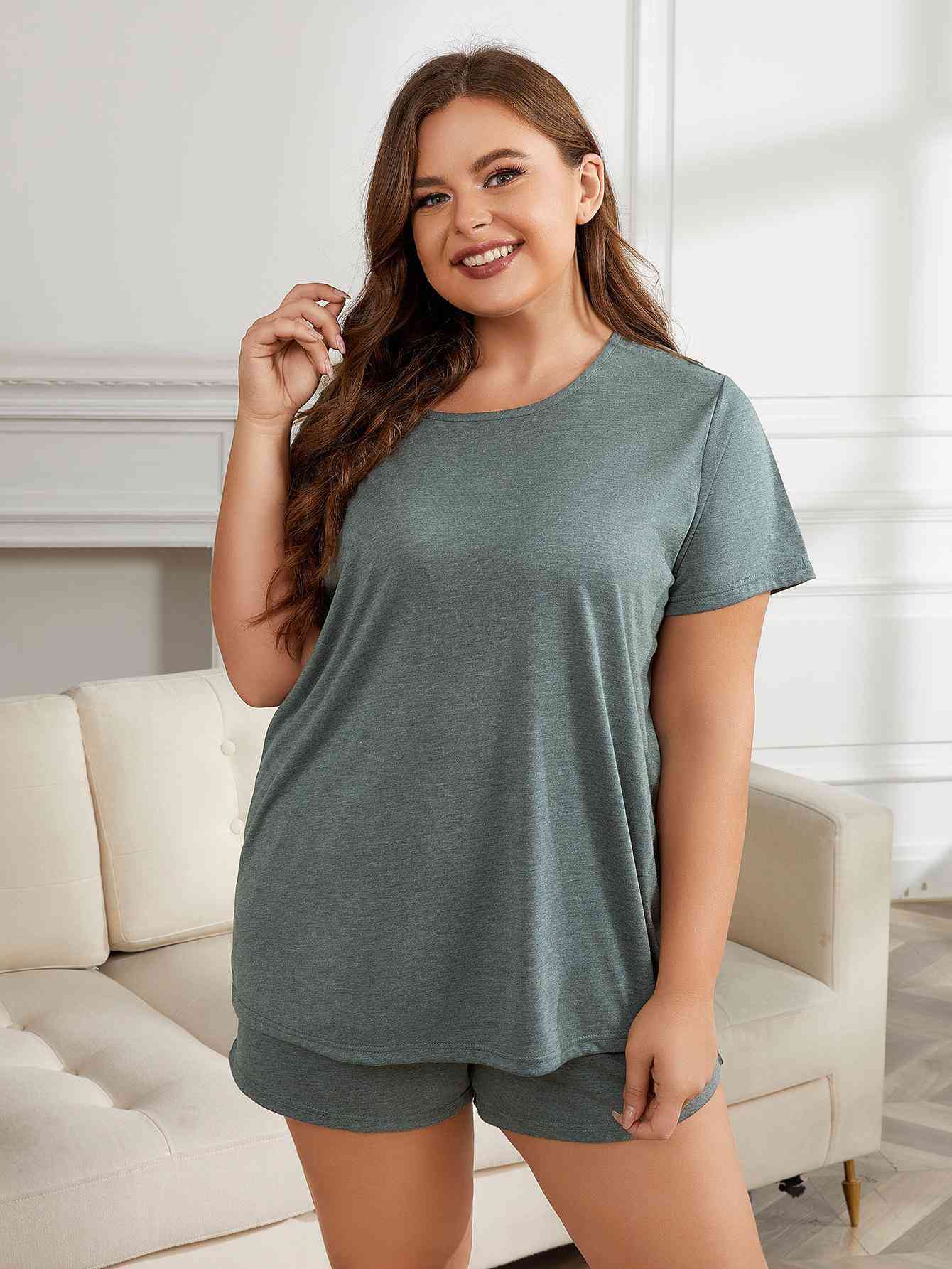 Plus Size Round Neck Short Sleeve Two-Piece Loungewear Set Sage