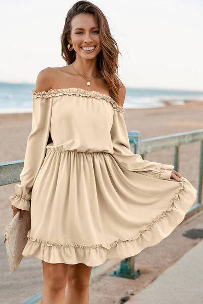 Frill Off-Shoulder Flounce Sleeve Dress Cream